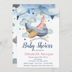 Watercolor Stars,Clouds,Airplane Dino Baby Shower Invitation