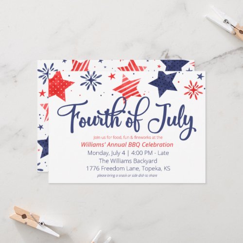Watercolor Stars Fourth of July Party Invitation