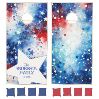 Watercolor Stars Stripe American Pride Family Name Cornhole Set