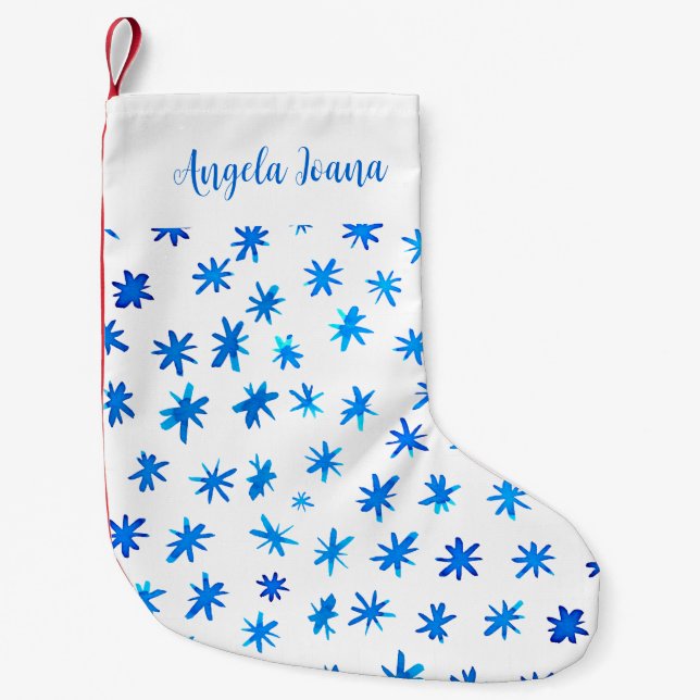Watercolor stars with name - blue small christmas stocking (Front)
