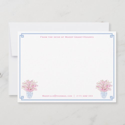 Watercolor Stationery With Name | From The Desk Of Note Card - Classic personalized note card design with handpainted watercolor pink cherry blossom stems in a ginger jar vase with blue and white "Greek Key" pattern backer. On the reverse, you can change the dark blue to any other color you want by entering the design tool ("click to customize further" underneath the text customization boxes).
