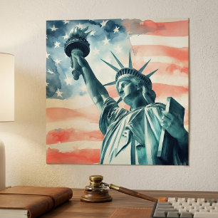 Watercolor Statue of Liberty with American flag Poster
