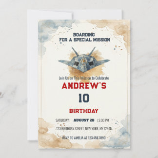 Watercolor Stealth Jet Fighter Birthday Invitation