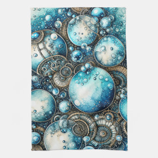 Watercolor Steampunk Bubbles & Gears Kitchen Towel