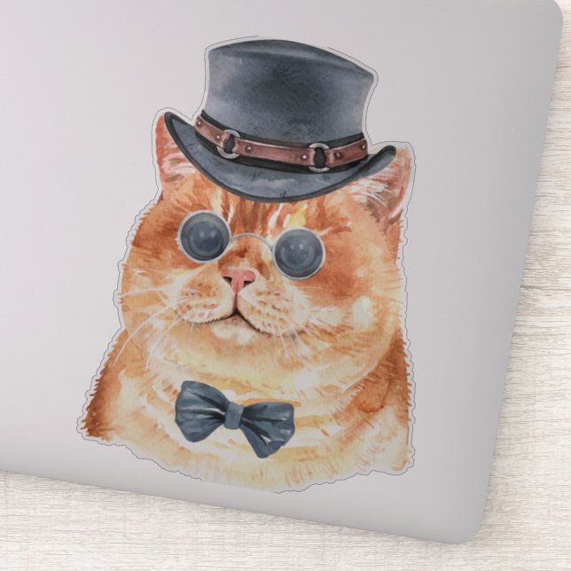 Watercolor Steampunk Kitty Sticker (Detail)