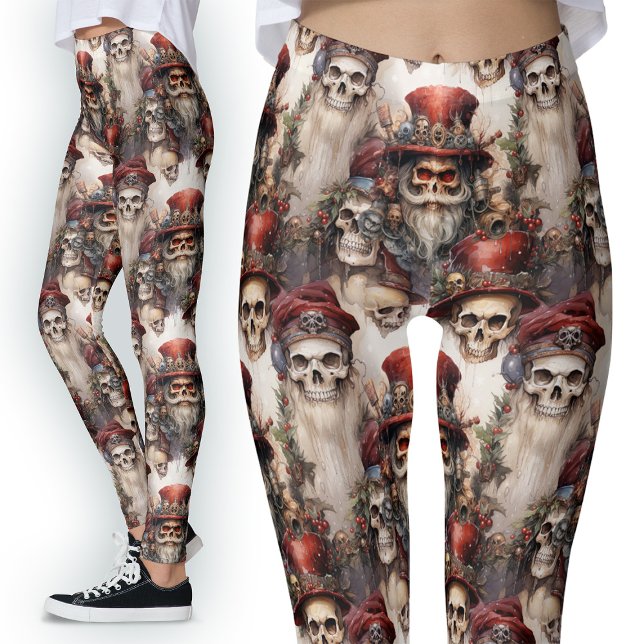 Watercolor Steampunk Santa Gothic Festive Skulls Leggings (Creator Uploaded)