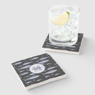 Watercolor Steel Blue Black Shark Monogram Coaster
