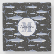 Watercolor Steel Blue Black Shark Monogram Coaster