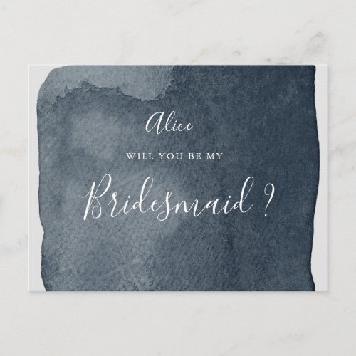 watercolor steel blue wash bridesmaid Invitation Postcard