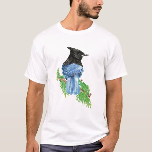 Watercolor Stellar Jay Bird Nature Art T_Shirt