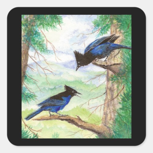 Watercolor Stellar Jay Birds Forest Trees Square Sticker