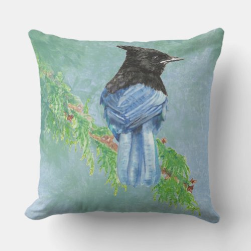 Watercolor Stellar Jay Wildlife Nature Bird art Throw Pillow