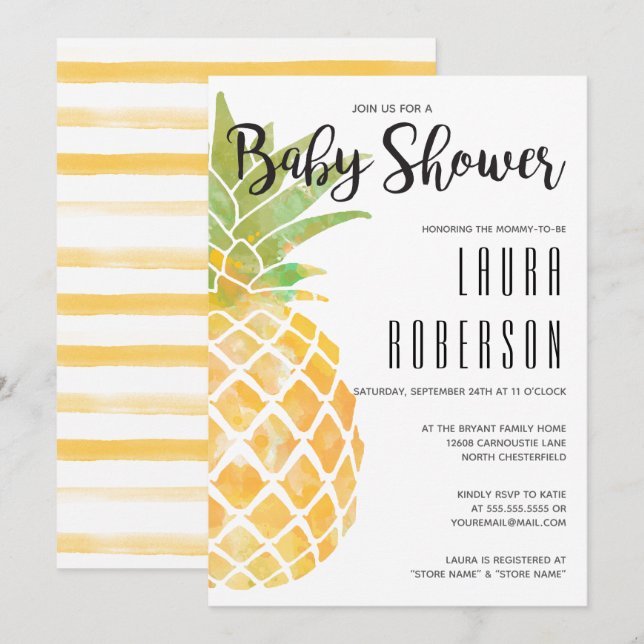 Watercolor Stencil Pineapple Stripe Baby Shower Invitation (Front/Back)