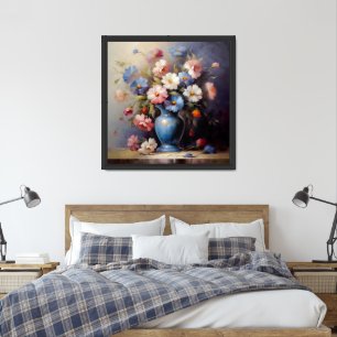 Watercolor still life of red and blue wildflowers framed art