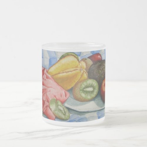 watercolor still life painting of exotic fruits frosted glass coffee mug