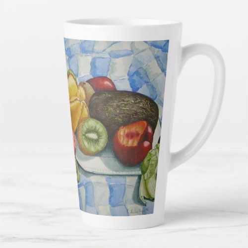 watercolor still life painting of exotic fruits latte mug