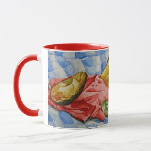 watercolor still life painting of exotic fruits mug