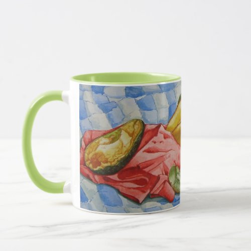 watercolor still life painting of exotic fruits mug