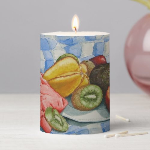 watercolor still life painting of exotic fruits pillar candle