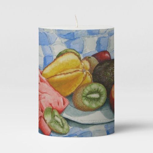 watercolor still life painting of exotic fruits vo pillar candle