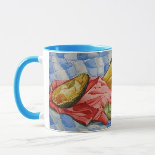 watercolor still life picture of exotic fruits mug