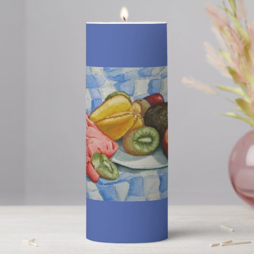 watercolor still life picture of exotic fruits pil pillar candle