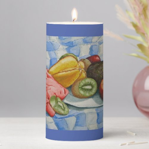 watercolor still life picture of exotic fruits pillar candle