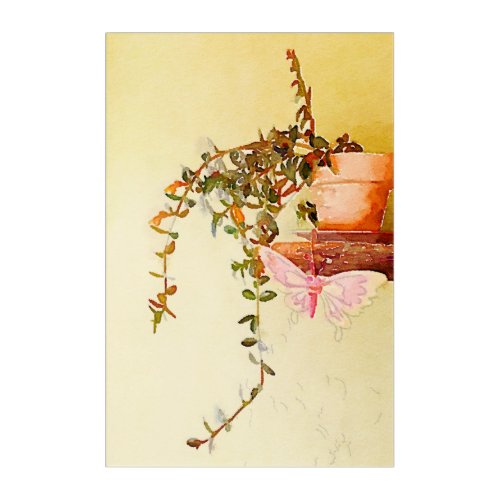 Watercolor Still Life Potted Plant and Butterfly Acrylic Print