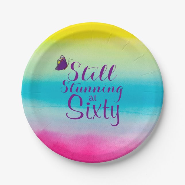 Watercolor "Still Stunning At 60"  60th Birthday Paper Plates (Front)