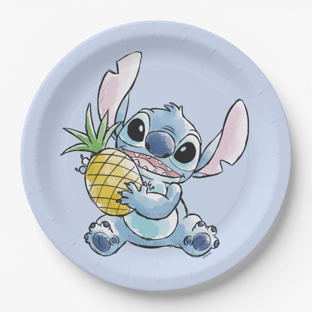 Watercolor Stitch Holding Pineapple Paper Plates (Front)