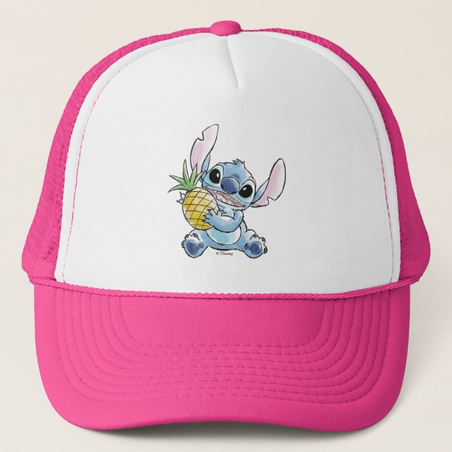 Watercolor Stitch Holding Pineapple Trucker Hat (Front)