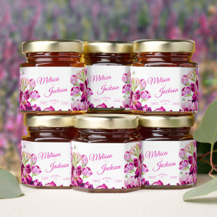 Watercolor stock flower deep pink custom wedding honey jar favors
