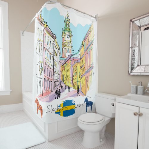 Watercolor Stockholm Sweden Travelling gift White Shower Curtain