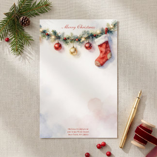 Watercolor Stocking Pine Christmas Letter Stationery