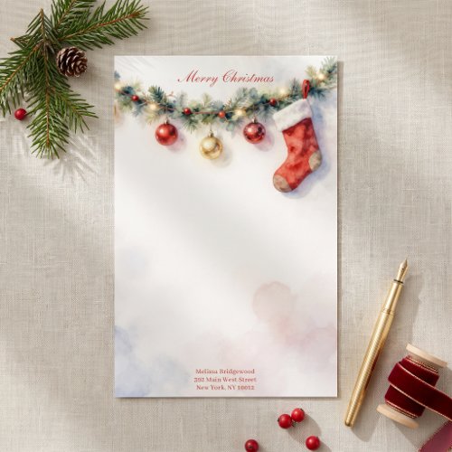 Watercolor Stocking Pine Christmas Letter Stationery