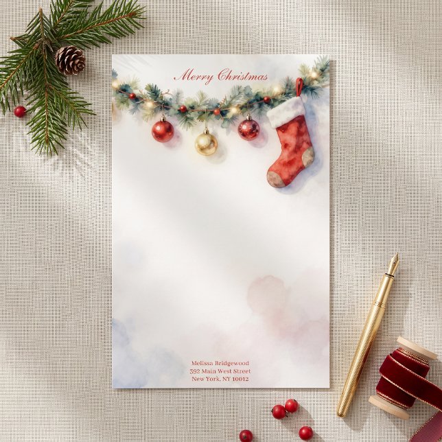Watercolor Stocking Pine Christmas Letter Stationery (Creator Uploaded)