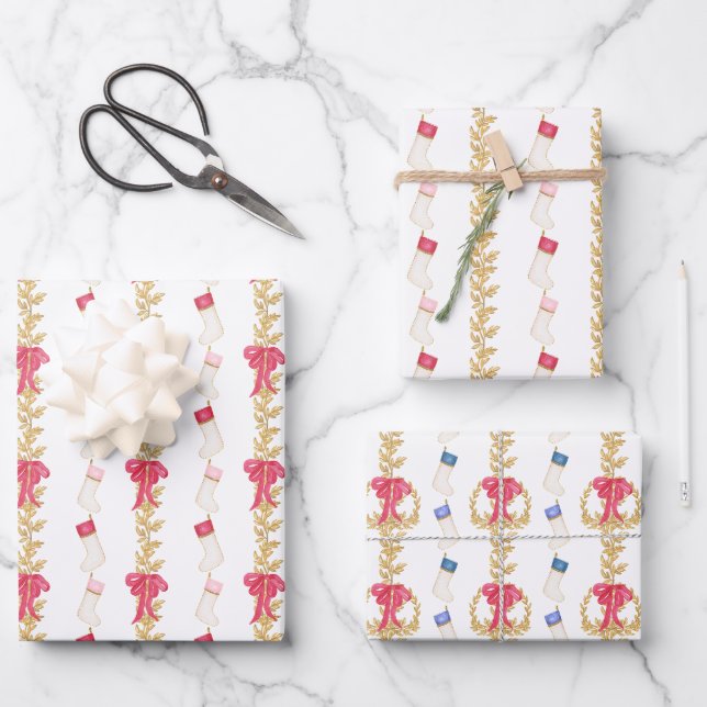 Watercolor Stockings and Garland Wrapping Paper Sheets (Front)