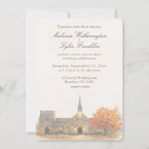 Watercolor Stone Chapel Fall Wedding Invitation