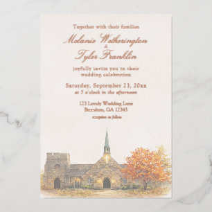 Watercolor Stone Chapel Fall Wedding Invitation Foil Invitation
