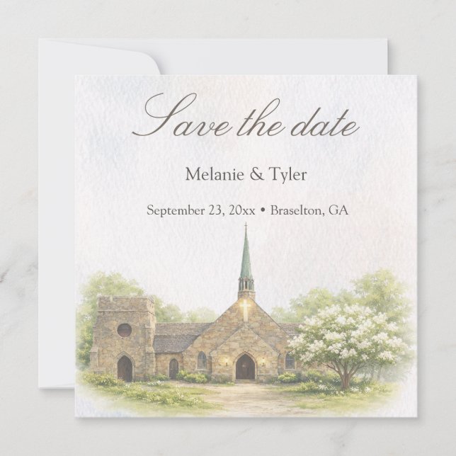 Watercolor Stone Chapel Save the Date Card (Front)