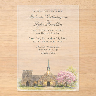 Watercolor Stone Chapel Spring Wedding Acrylic Invitations