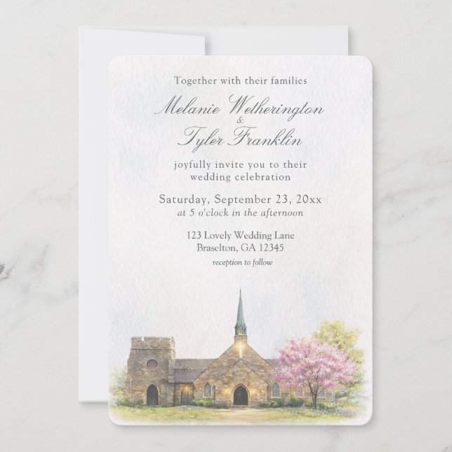 Watercolor Stone Chapel Spring Wedding Invitation (Front)
