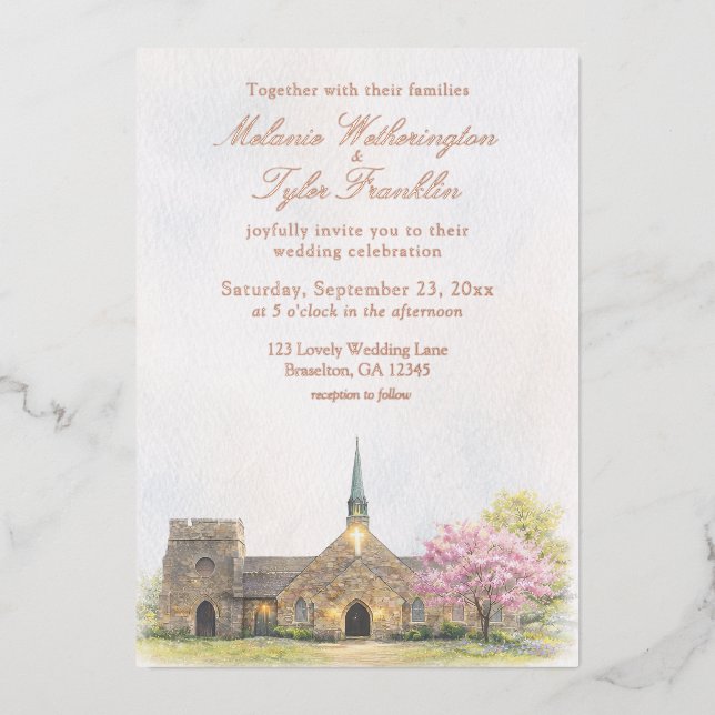 Watercolor Stone Chapel Spring Wedding Invitation Foil Invitation (Front)