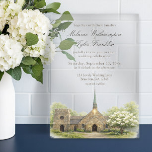 Watercolor Stone Chapel Summer Wedding Acrylic Invitations