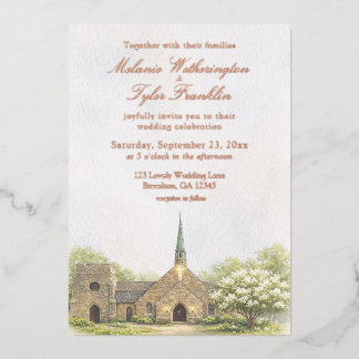 Watercolor Stone Chapel Summer Wedding Invitation Foil Invitation