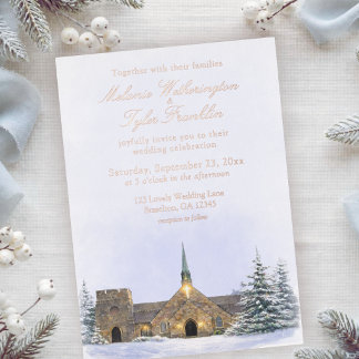 Watercolor Stone Chapel Winter Wedding Invitation Foil Invitation