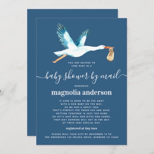 Watercolor Stork Baby Shower By Mail Invitation