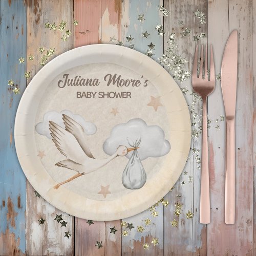 Watercolor Stork Baby Shower Paper Plates