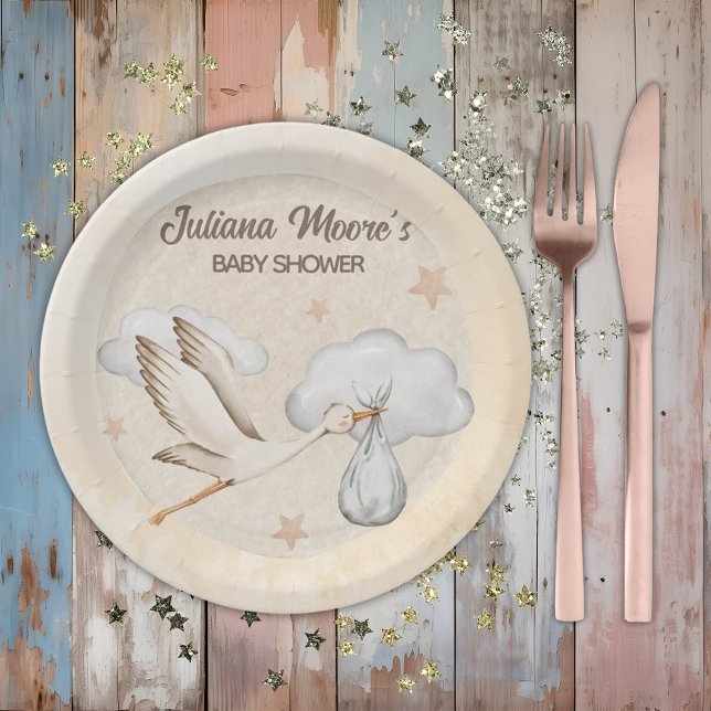 Watercolor Stork Baby Shower Paper Plates (Creator Uploaded)