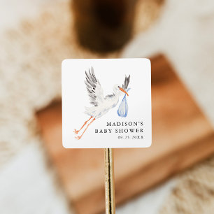 Watercolor Stork Blue Boy Baby Shower Square Sticker
